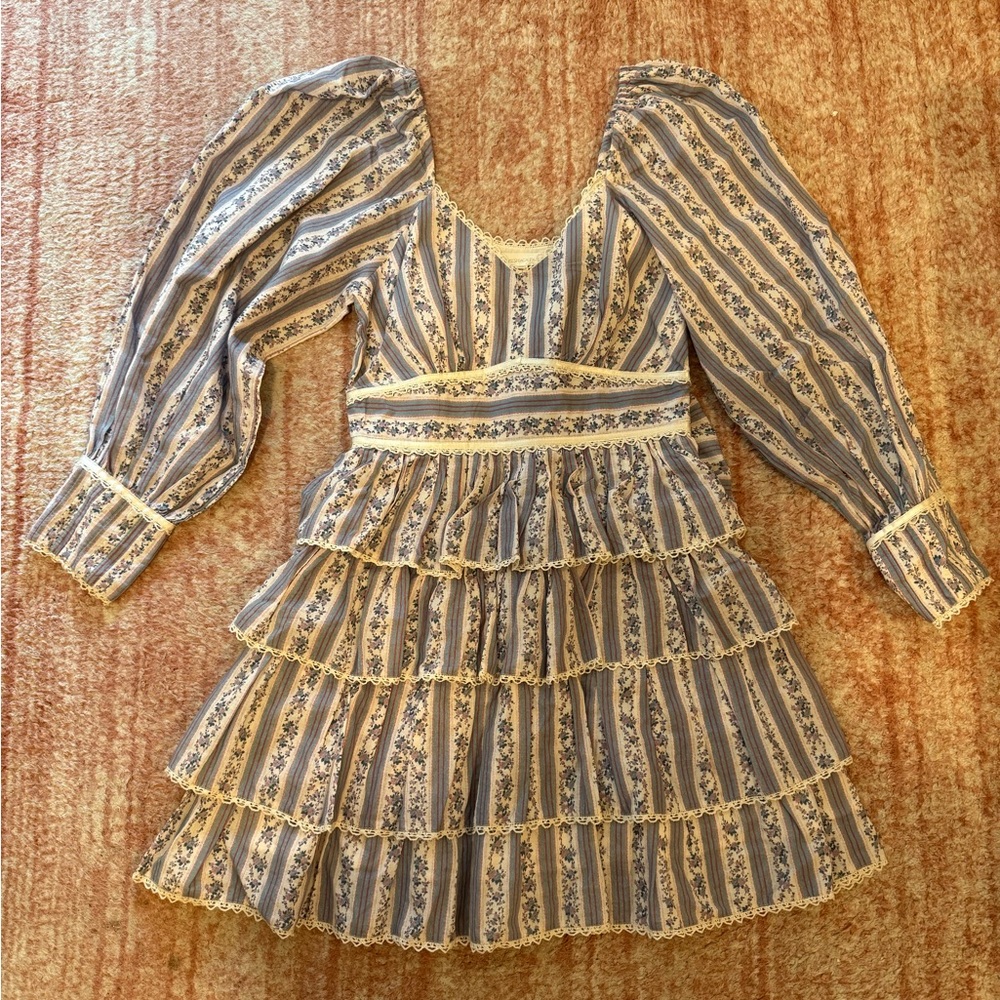 LoveShackFancy Floral Striped Dress with Lace Trim